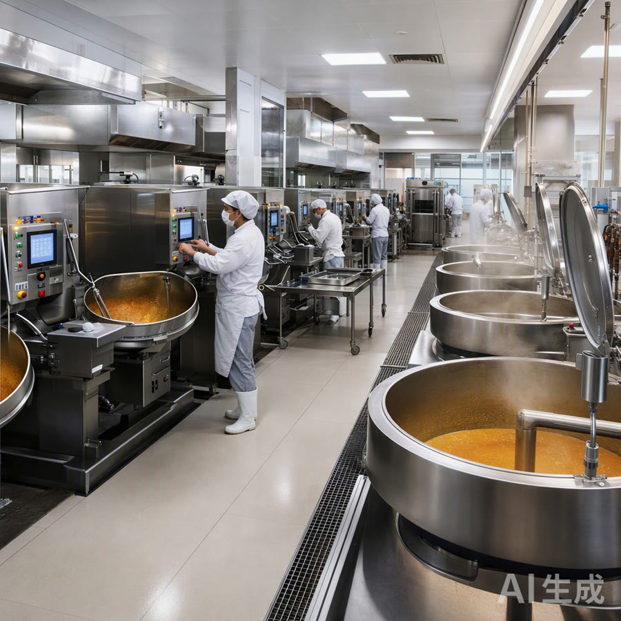 现代化食堂后厨多台自动炒菜机协同作业 现代化食堂后厨多台自动炒菜机协同作业